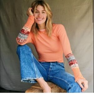 NWT Free People in The Mix Cuff Thermal Top Desert Orange Combo- size L